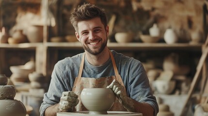 Smiling craft artist in apron in art studio store.