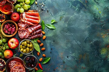 A table with a variety of food including apples, grapes, olives, and meat