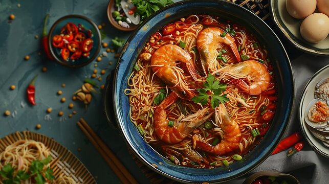 Spicy prawn soup noodle or better known as mee is a dish of noodles in stock made from prawn heads shrimp and pork ribs