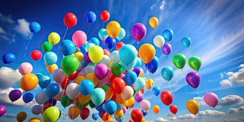 Colorful balloons floating gently in the air against a bright blue sky background, lively, vibrant