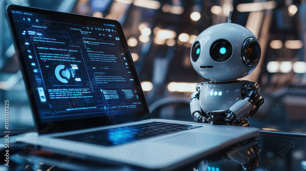 Poster futuristic robot sits beside laptop displaying complex data and ai integration. scene captures essen