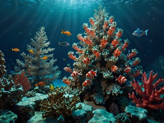 Obraz premium An underwater Christmas scene with festive fish and coral shaped like a decorated tree