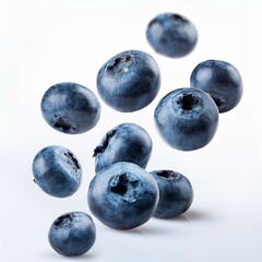 Blueberries fruits flying on white background