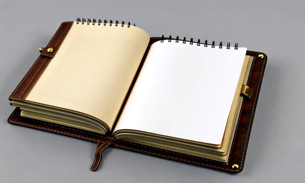 An open spiral-bound notebook with blank lined pages and a brown leather cover.