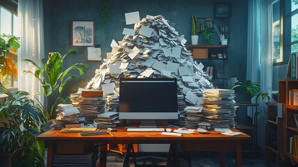 Email inbox growing into a physical mountain on her desk