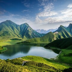 Fototapeta premium chinese green mountain landscape with lake