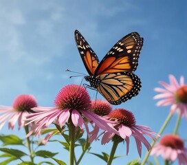 Obraz premium Colorful monarch butterfly perched on a tall pink coneflower against a clear blue sky, sunny, nature