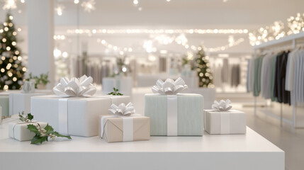 Christmas gifts on table in modern store with festive decorations, seasonal sale background