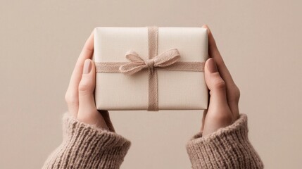 A beautifully wrapped gift held in two hands, showcasing a simple, elegant design with a neutral background