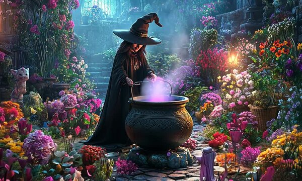 A witch brews a potion in a vibrant, flower-filled garden.
