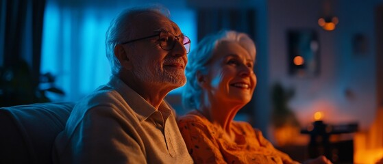 Elderly couple sitting together on a couch watching old family movies projected on a screen in their cozy living room  They are sharing a warm nostalgic moment as they reminisce about their memories