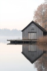 Fototapeta premium Tranquil early morning scene of a wooden boathouse reflected in still waters, surrounded by autumn foliage.