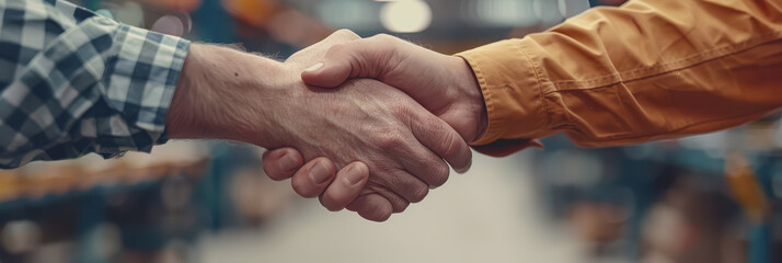 Close-up of inspector shaking hands with unrecognizable person in a factory.