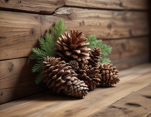 Cozy pine cone arrangement on a distressed wood wall, rustic textures, pine cones, cozy atmosphere
