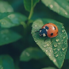 Naklejka premium Close-up of a ladybug resting on a leaf covered in dew, showcasing vibrant colors and intricate details.