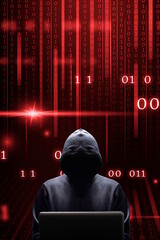 Silhouette grise centrée du cybercriminel devant son écran d'ordinateur portable sur fond de...