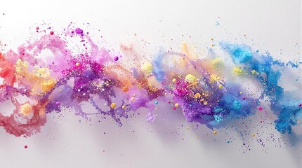Fototapeta premium Colorful dust and powder particles dancing in the air against a plain white backdrop with a textured effect , vibrant colors, textured background., colored debris