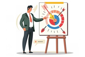 A man is pointing at a chart on a white background