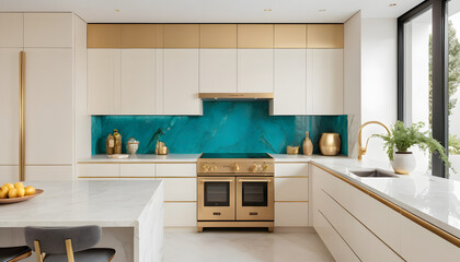 Elegant Small Kitchen with Ivory Cabinetry, Gold Accents, and a Polished Stone Backsplash