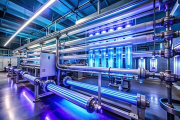 High-Quality Product Photography of Ultraviolet Lamps in a Modern Water Disinfection Plant, Showcasing Their Efficiency and Role in Purifying Water Safely and Effectively