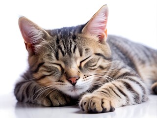 A charming tabby cat lies peacefully with closed eyes, nestled on a soft surface. Its serene posture and gentle breathing create a scene of ultimate relaxation and comfort