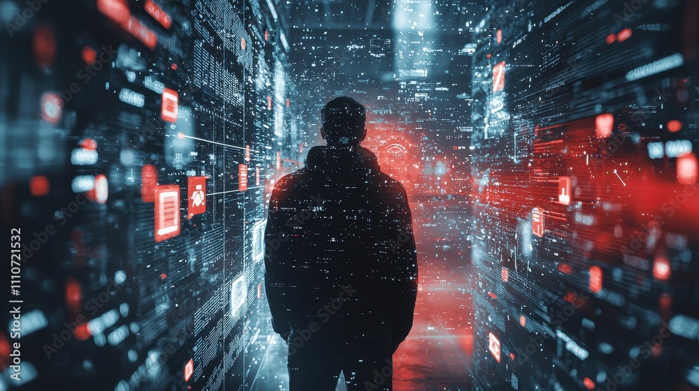 Poster conceptual visualization of identity theft risks in a digital environment with data overload