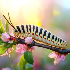 Naklejka premium A vibrant caterpillar with striking black and yellow stripes rests on a blossoming branch, exuding a serene beauty.
