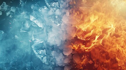 Abstract fire and ice design, a magical backdrop of fiery flame vs frozen water in a powerful vs delicate balance with a creative vs realistic texture and a blue vs red color scheme.