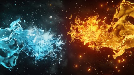 Fototapeta premium Ice vs fire in abstract wallpaper, a flowing motion of cold water vs hot flame in a creative vs striking design with a dark vs light texture and a magical vs realistic backdrop.