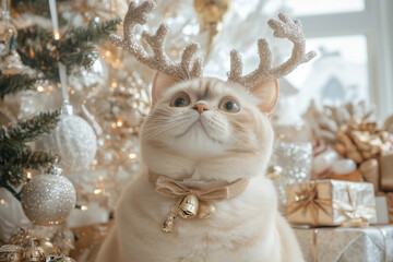 A regal-looking cat adorned with sparkling reindeer antlers and a glittery golden collar with bells, sitting gracefully in front of a beautifully decorated Christmas tree and wrapped presents. 