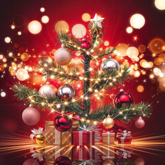 Christmas Tree In Red Shiny Glittering Background - Baubles Hanging On Fir With Abstract Lights
