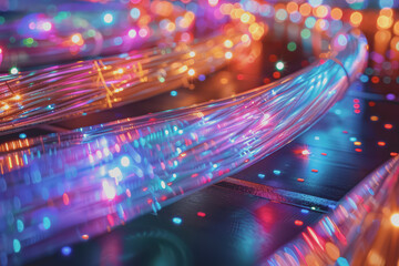 Optical fiber cables intertwined with data streams, futuristic, neon, high contrast-style raw.