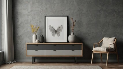 Grey gallery room interior with drawer and decoration, blank mockup frame, High Resolution