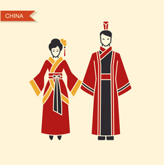 A man and a woman in traditional Chinese costumes Hanfu. Flat vector icon