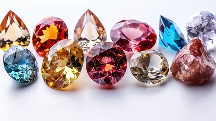 A collection of various gemstones displayed with intricate cuts and reflections.