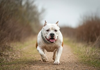 American Bully Dog Running on Trail
