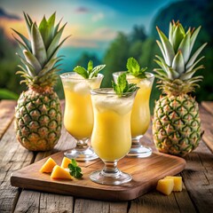 Bright tropical drinks made with fresh pineapple and garnished with mint are served on a wooden table. Lush greenery and a breathtaking sunset are in the background, creating a peaceful atmosphere