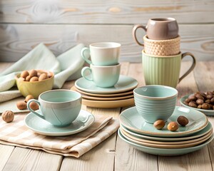 Fototapeta premium Delicate pastel-toned tea cups and plates are artfully arranged on a rustic wooden table, accompanied by bowls filled with assorted nuts, creating a warm and inviting atmosphere