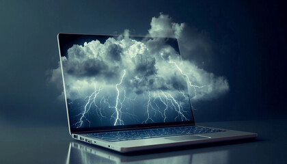 Digital storm clouds emerging from a laptop screen