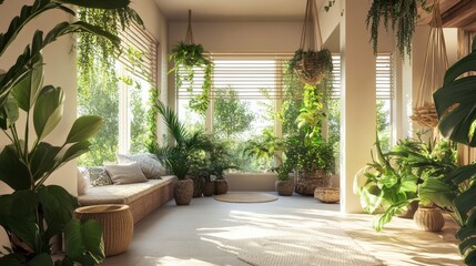 Fototapeta premium Indoor garden for small spaces, tropical plants, hanging pots, bright corner, airy and green ambiance
