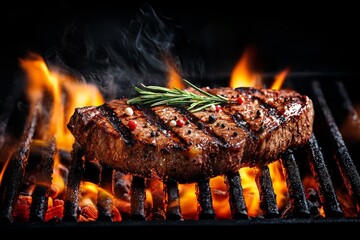 Juicy grilled steak garnished with rosemary, surrounded by flames and smoke, showcasing the art of outdoor cooking.