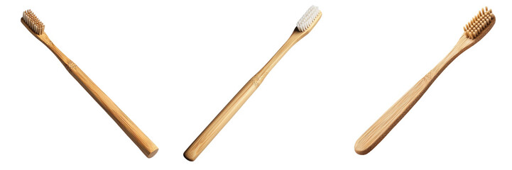 Packaging sustainability materials concept. Collection of eco-friendly bamboo toothbrushes designed for sustainable dental hygiene and oral care.