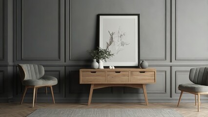 Grey gallery room interior with drawer and decoration, blank mockup frame, High Resolution