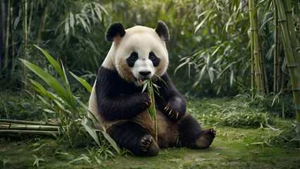 Obraz premium Illustration of a cute panda bear sitting and Great Panda eating banana - Chengdu, Sichuan Province, China forest landscape background,