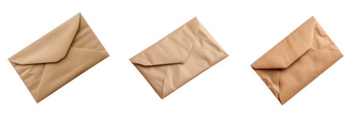 Packaging sustainability materials concept. Three elegant envelopes in neutral tones, perfect for invitations, letters, or stationery design. Stylish and versatile accessory.