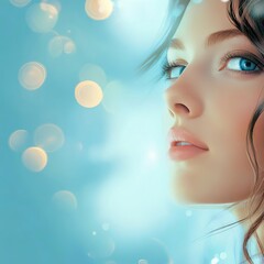 Bokeh, highlights, face of a young beautiful woman, on a light blue abstract background, close-up,...