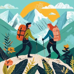 Fototapeta premium Two hikers, one female and one male, trek through a vibrant mountain landscape with backpacks and trekking poles.