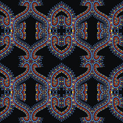 Repeating colorful floral ethnic style seamless pattern with intricate floral and geometric shapes, abstract flowers, zigzag lines on black background. Beautiful modern endless ornamental texture.