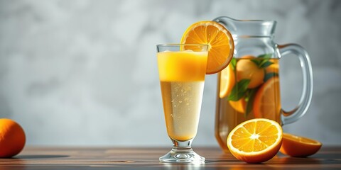 Freshly squeezed orange juice is poured into a glass while a jug of cold-brewed tea sits in the background, glass, room