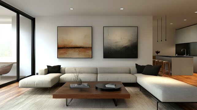 Modern minimalist living room with two bold abstract frames as focal points. The design emphasizes simplicity and open space, creating a calm and stylish environment
